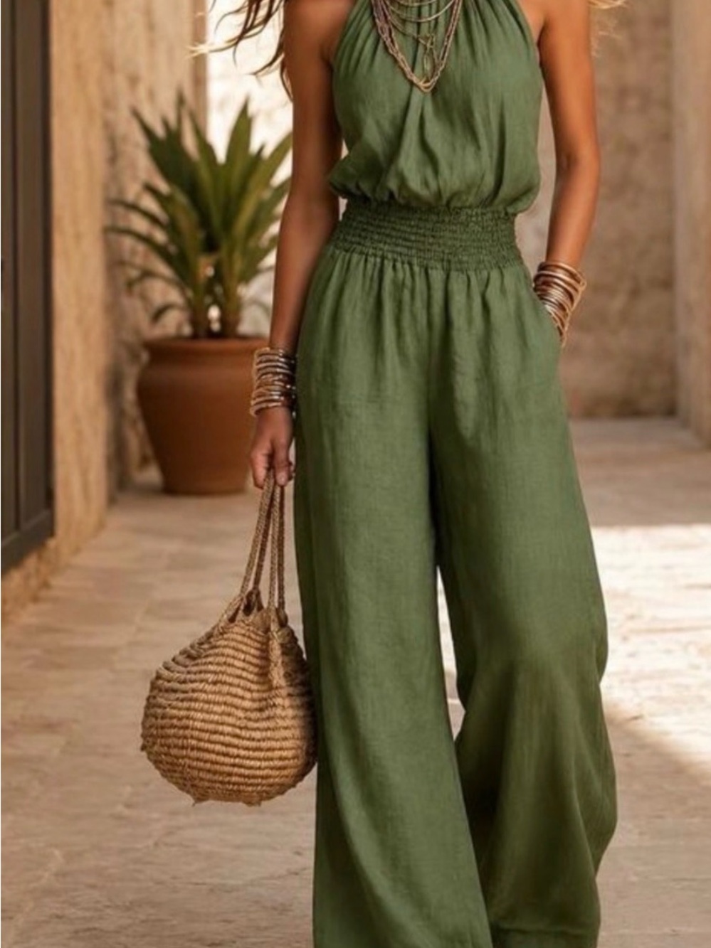 Women's Olive Green Smocked-Waist Halter Jumpsuit